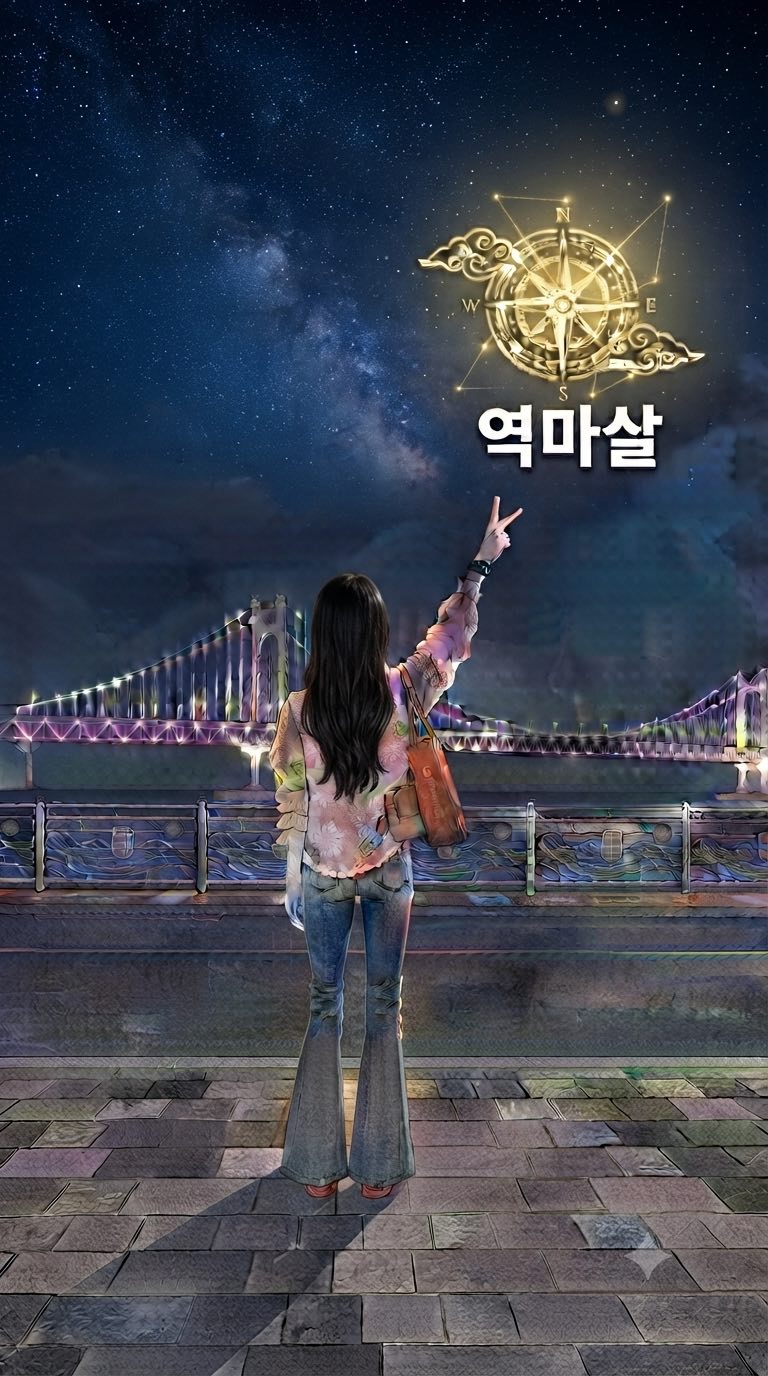 광안대교 야경에서 하늘을 가리키는 여행자